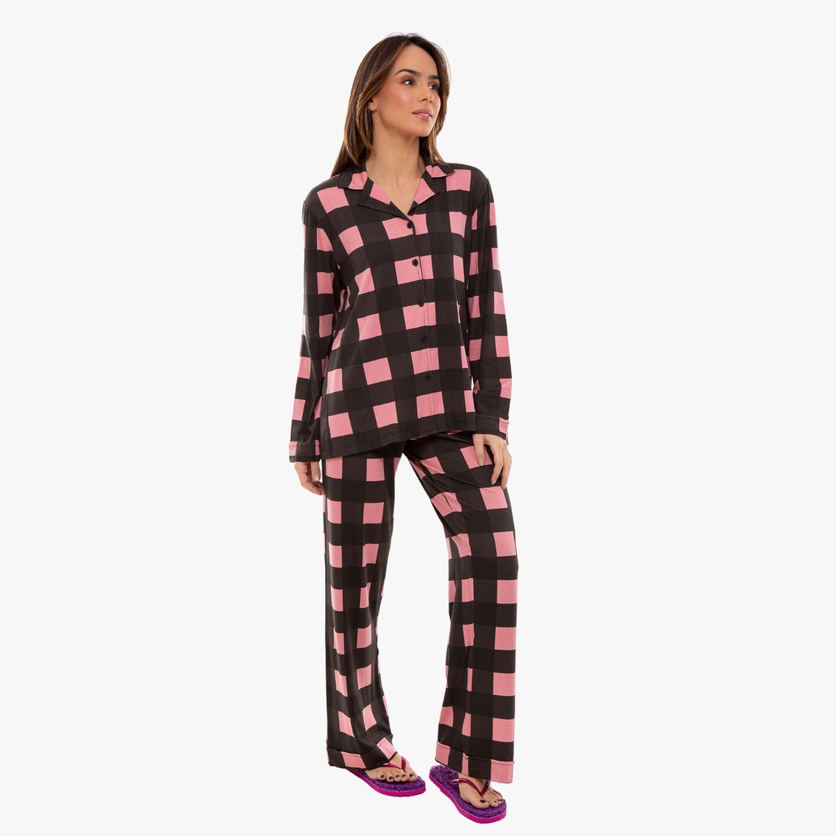 Pijama Feminino IWS Cardigan Longo Xadrez Rosa