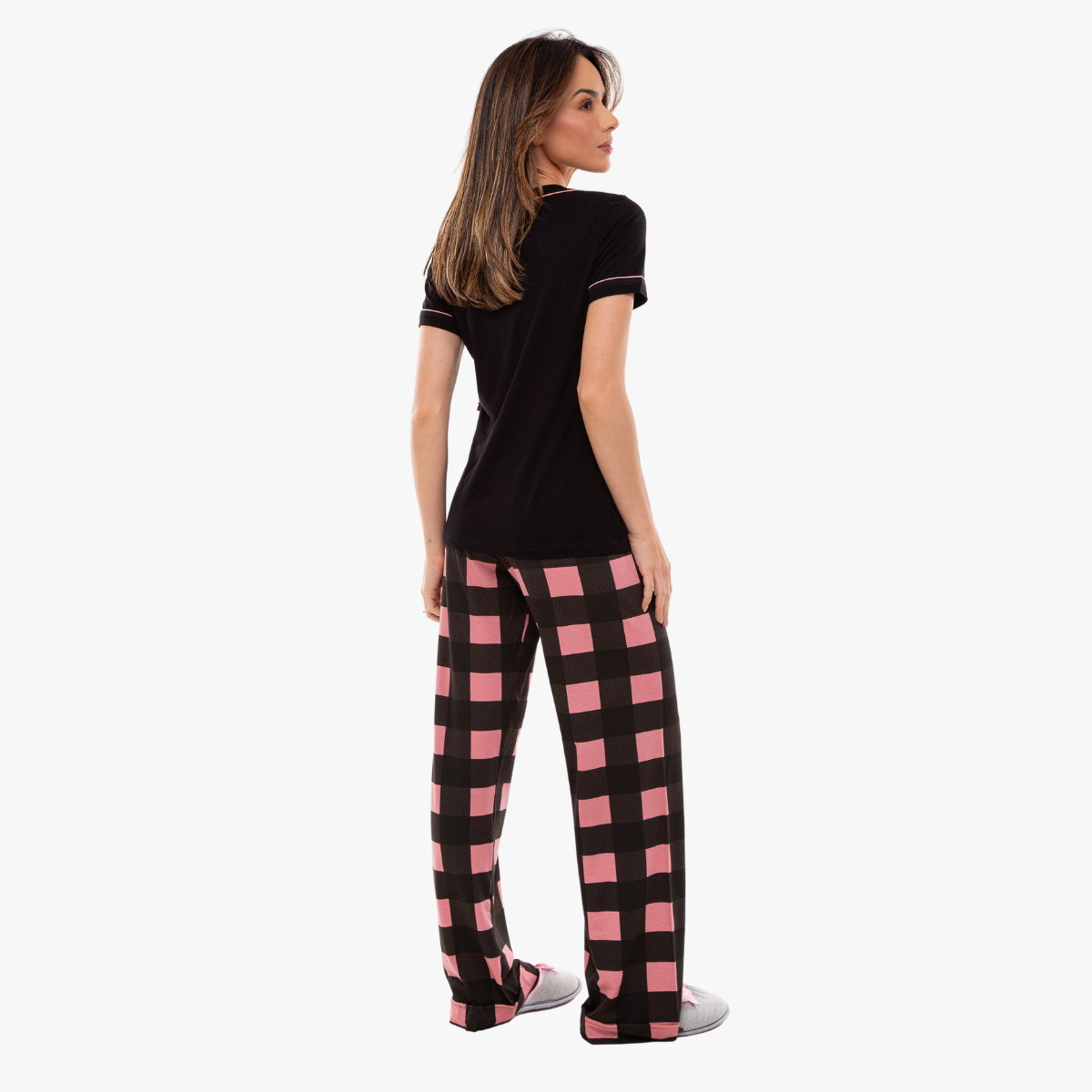 Pijama Feminino IWS Manga Curta com Calça Xadrez Rosa