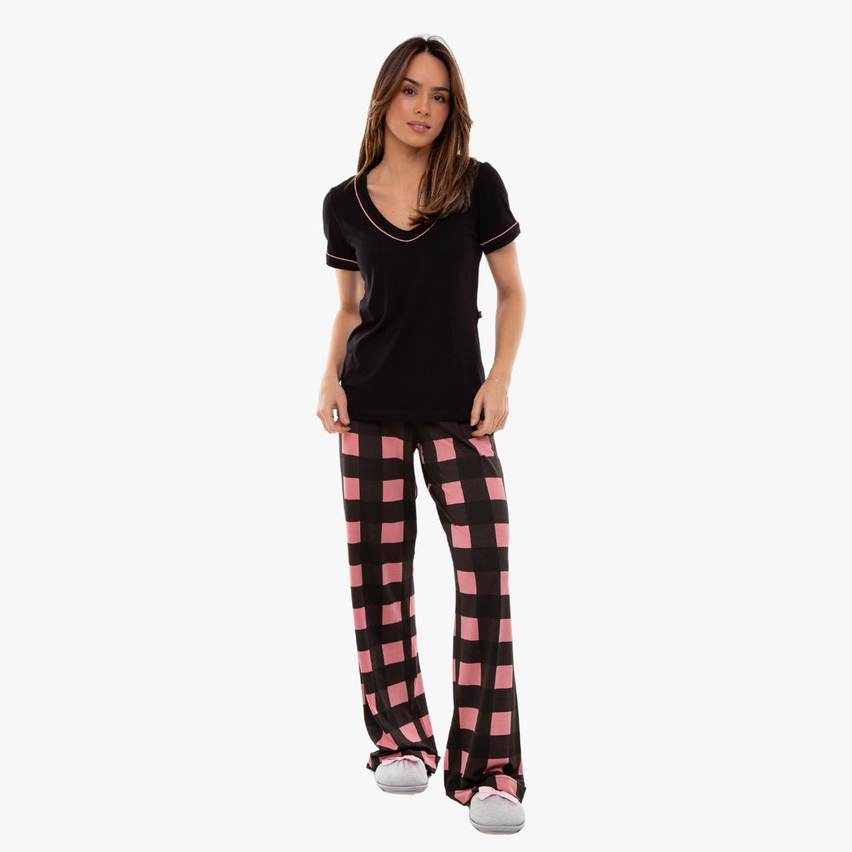 Pijama Feminino IWS Manga Curta com Calça Xadrez Rosa